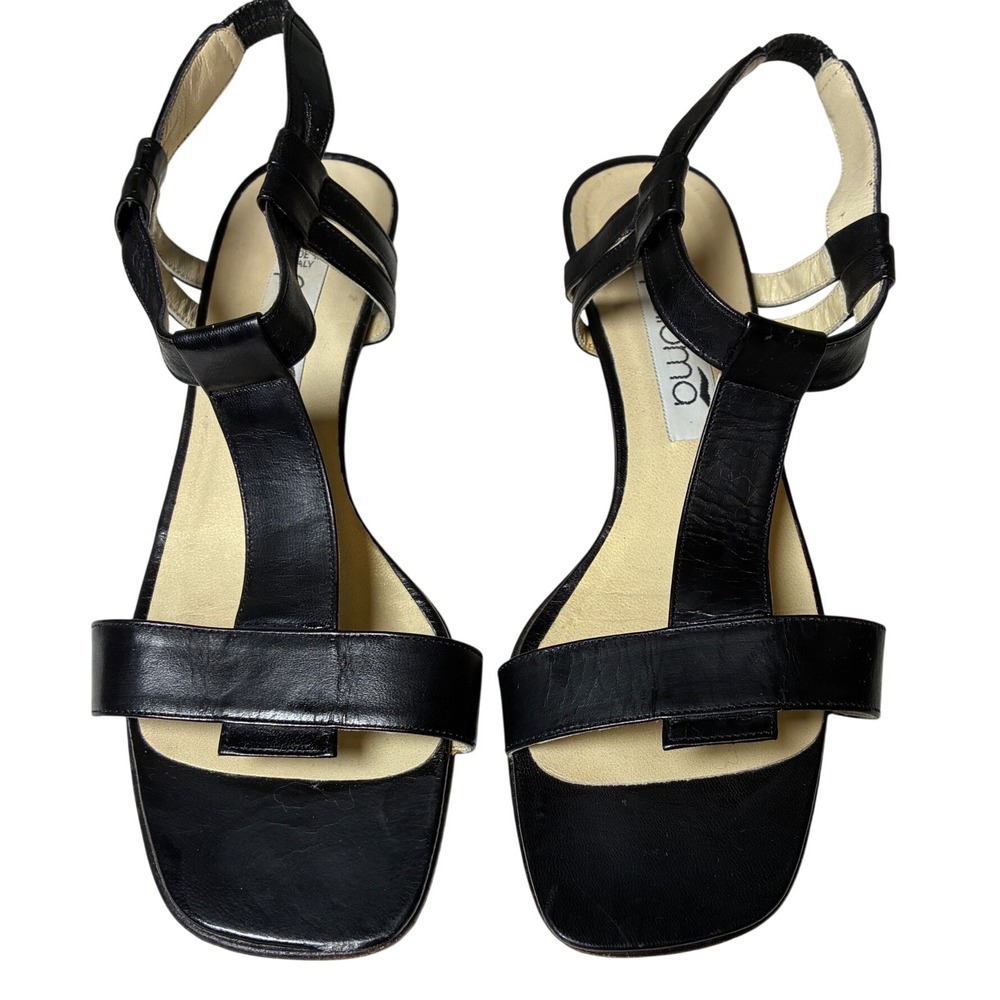 Paloma Made in Italy Black Leather T Strap Square Toe Low Kitten Heel Sandals 8B